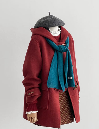 Pre-order ‘Scarlett’ Mid-Length 100% Burgundy Wool Hooded Jacket