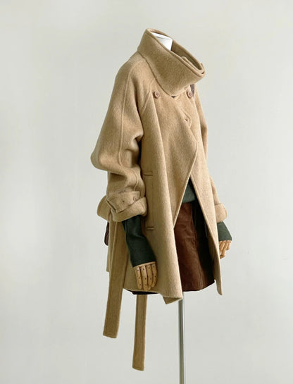 100% Wool Stand Collar Coat with Button-Neck and belt ( Camel color)