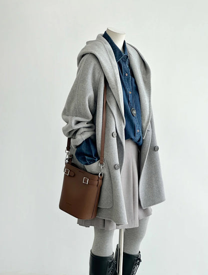 Gray Mid-Length Wool Blazer Coat with Detachable Hood