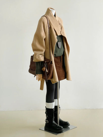 100% Wool Stand Collar Coat with Button-Neck and belt ( Camel color)