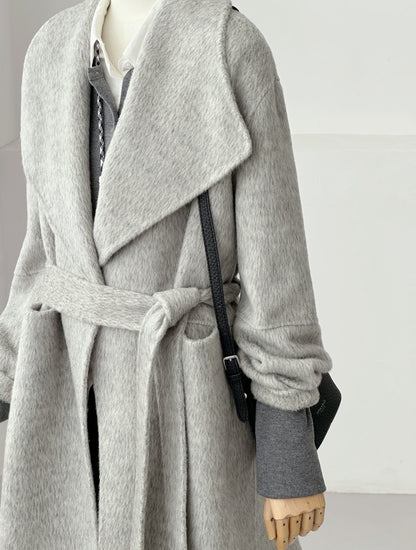 Velin Wide Lapel Belted Wool Coat - Gray