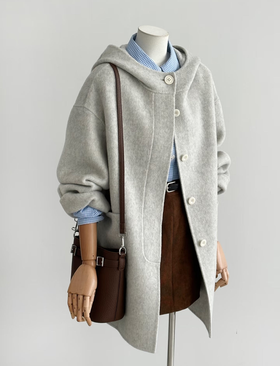 Pre-order ‘Clover’ Mid-Length Gray 100% Wool Hooded Jacket