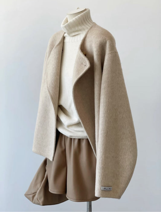 Vela Short Loose Cardigan Wool Coat - Beige