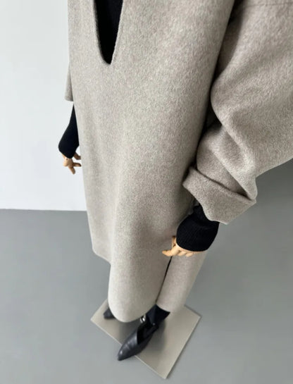 Gray V-neck Wool Coat / Dress