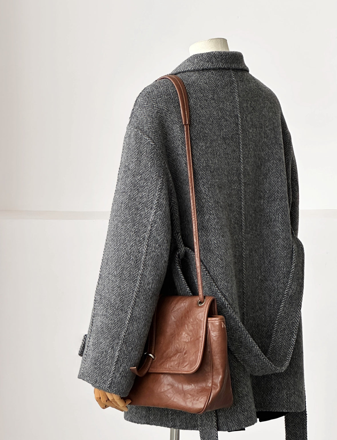 Astra Herringbone Stand Collar Coat - Dark Gray