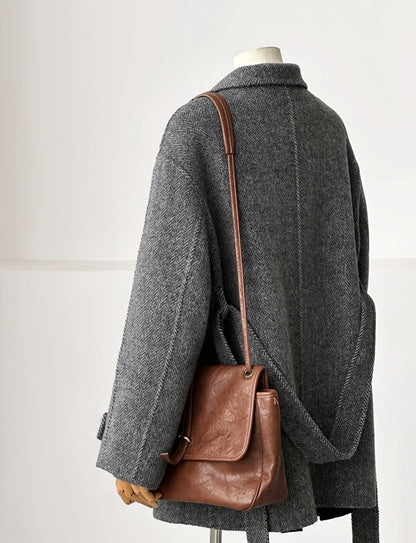 Astra Herringbone Stand Collar Coat - Dark Gray