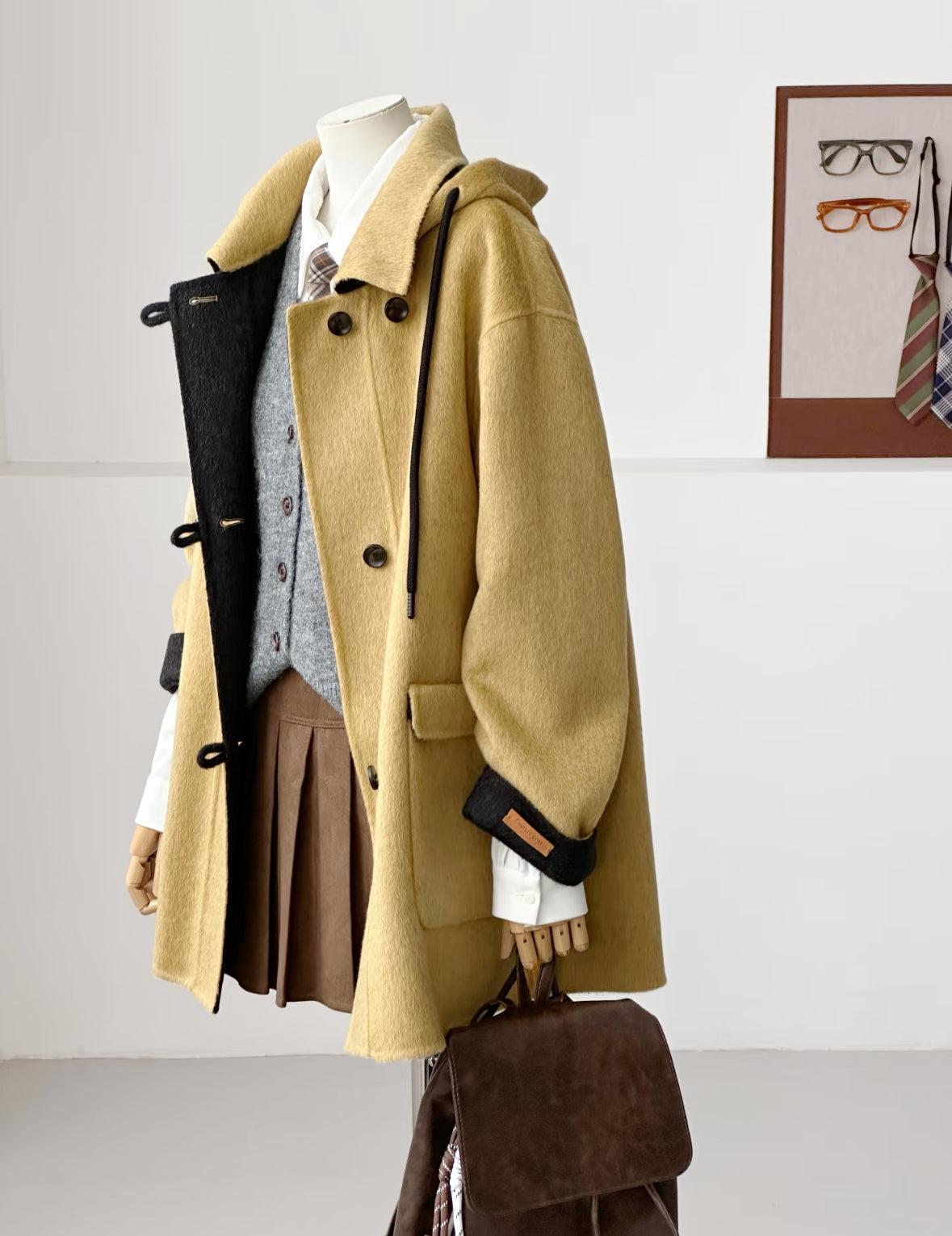 Clara Mid-Length Two-tone Hooded Jacket - Mustard
