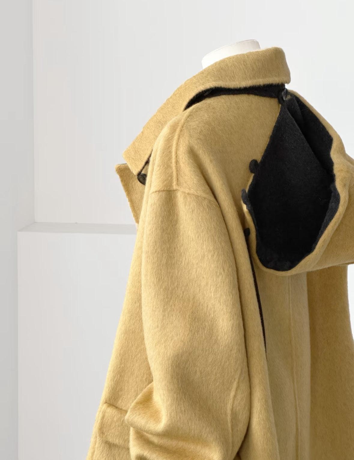 Clara Mid-Length Two-tone Hooded Jacket - Mustard