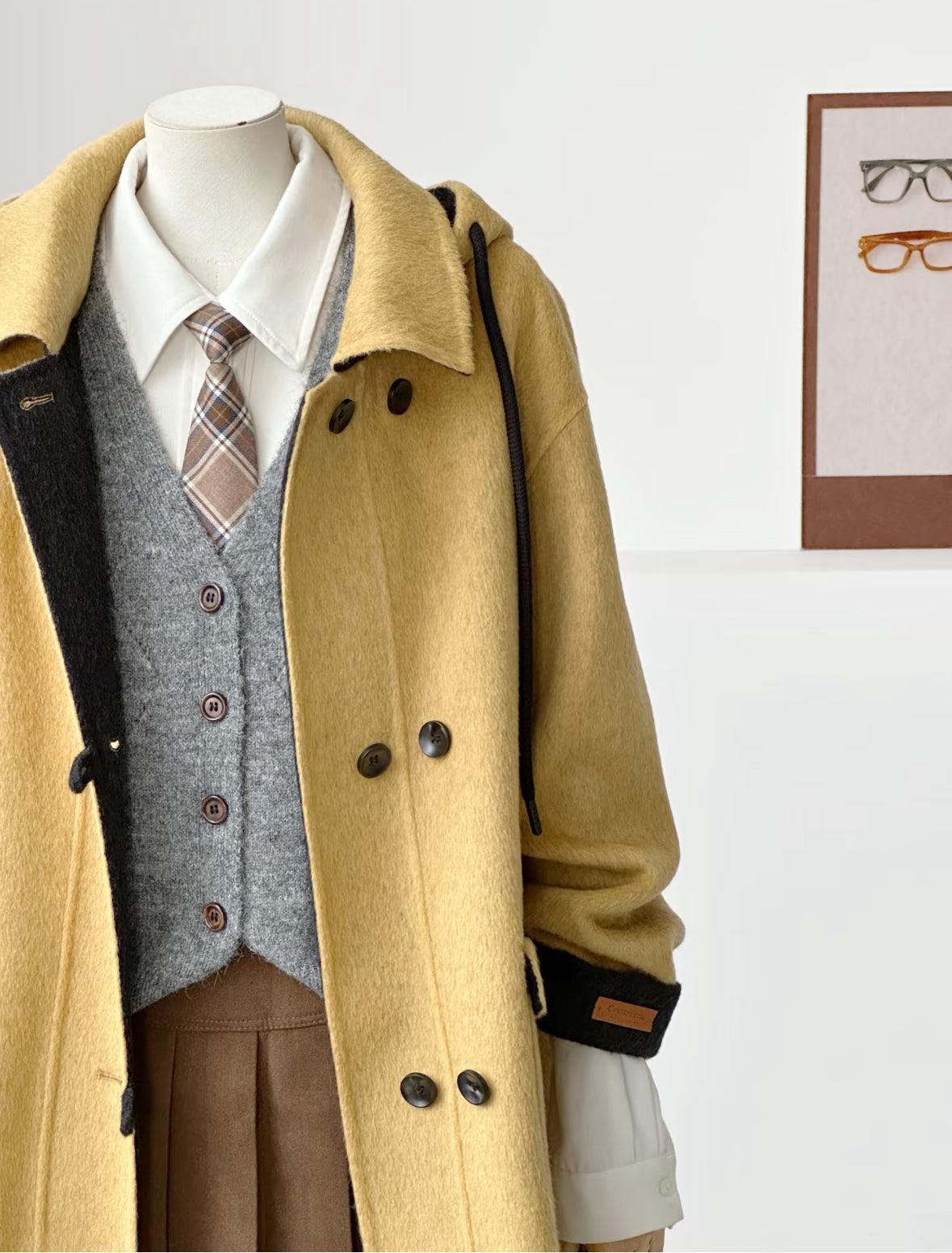 Clara Mid-Length Two-tone Hooded Jacket - Mustard