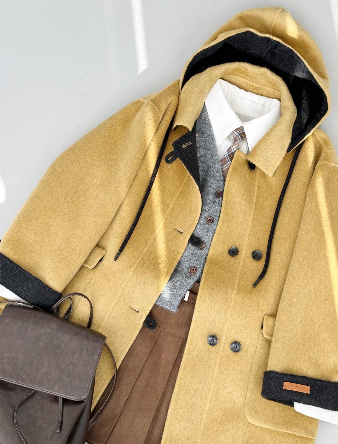 Clara Mid-Length Two-tone Hooded Jacket - Mustard