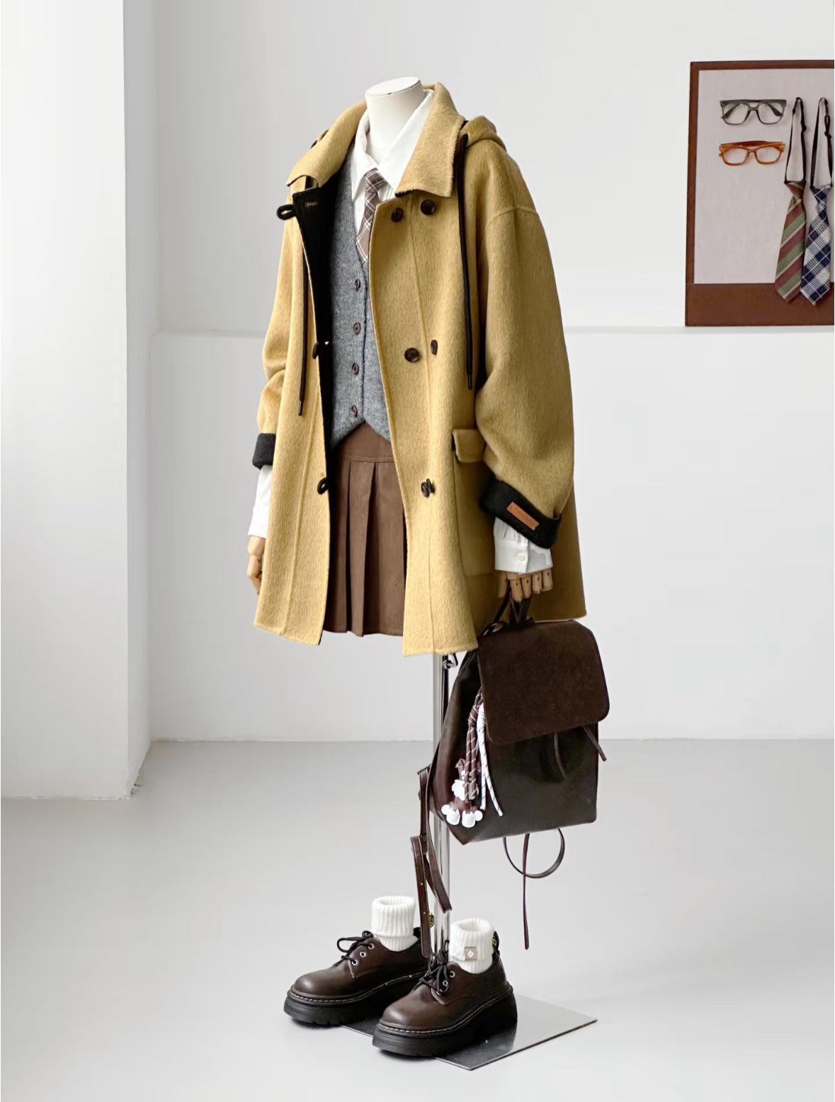 Clara Mid-Length Two-tone Hooded Jacket - Mustard