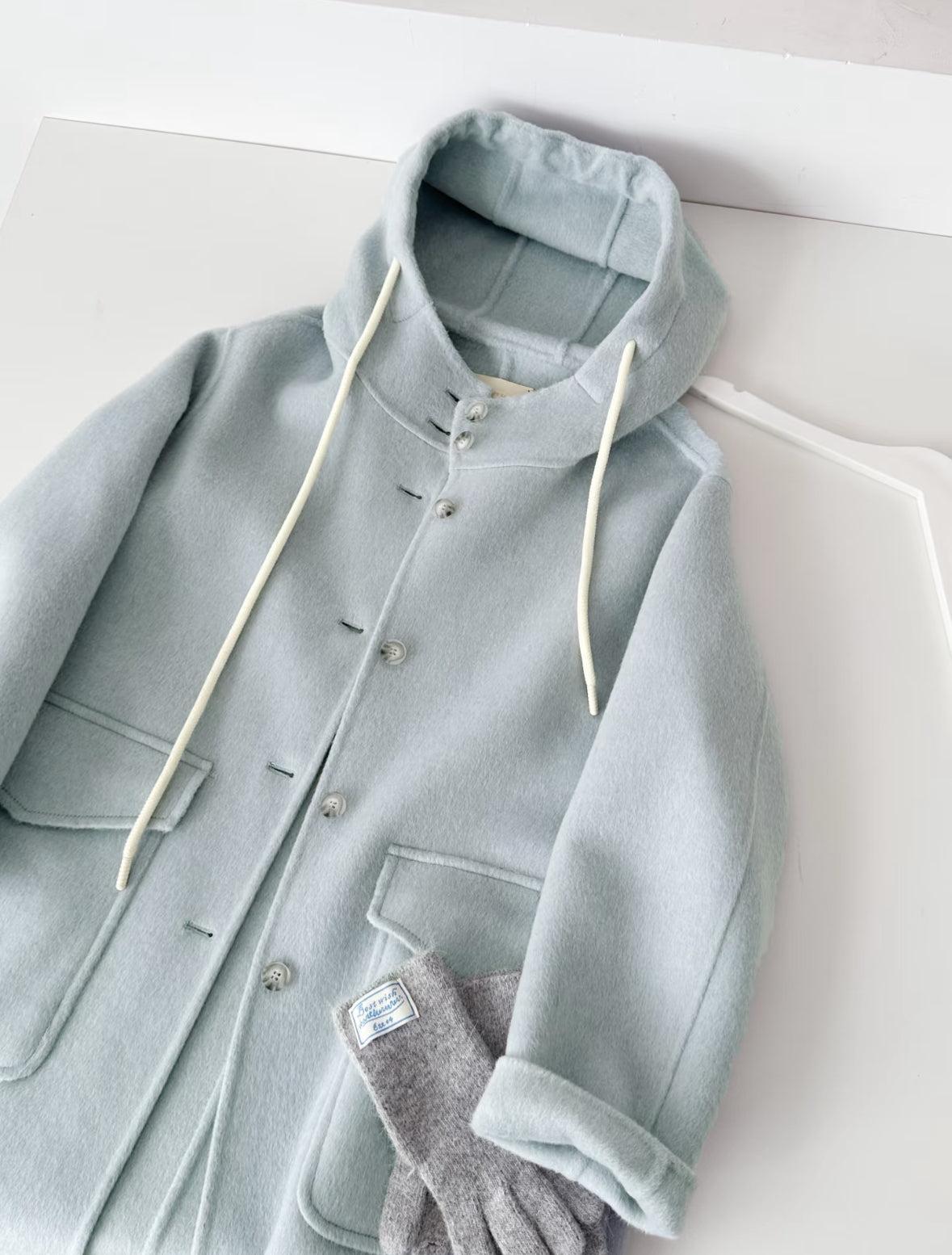 Clover 100% Wool Hooded Coat- Blue