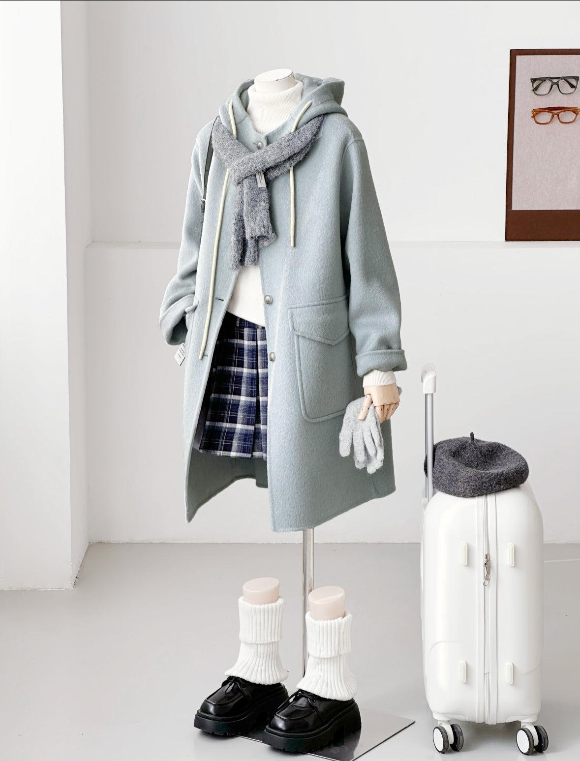 Clover 100% Wool Hooded Coat- Blue