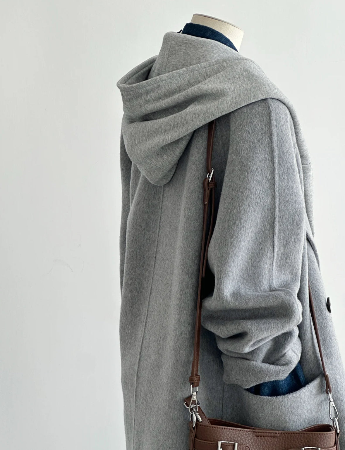 Gray Mid-Length Wool Blazer Coat with Detachable Hood