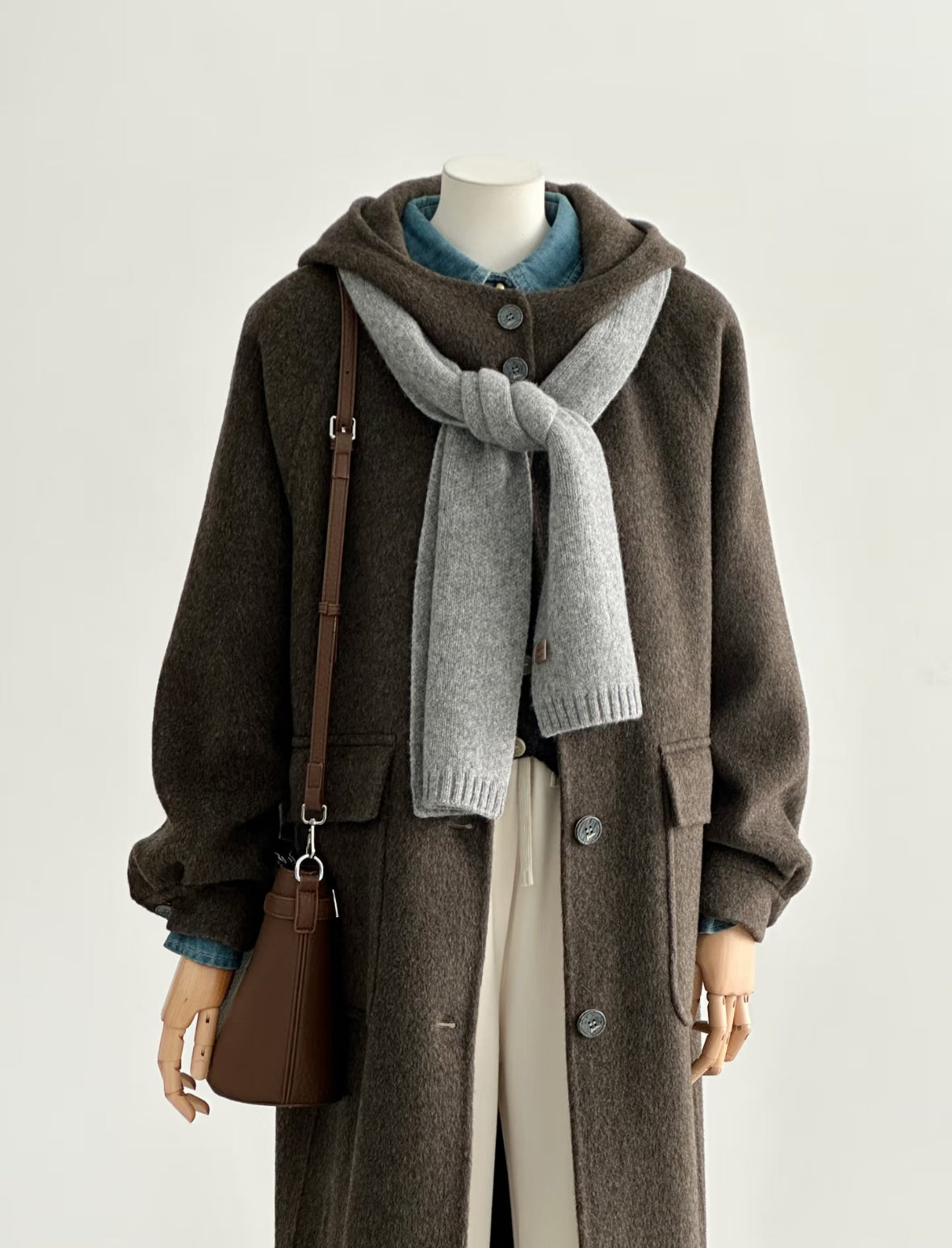 Pre-order Brown Hooded Longline Wool Coat