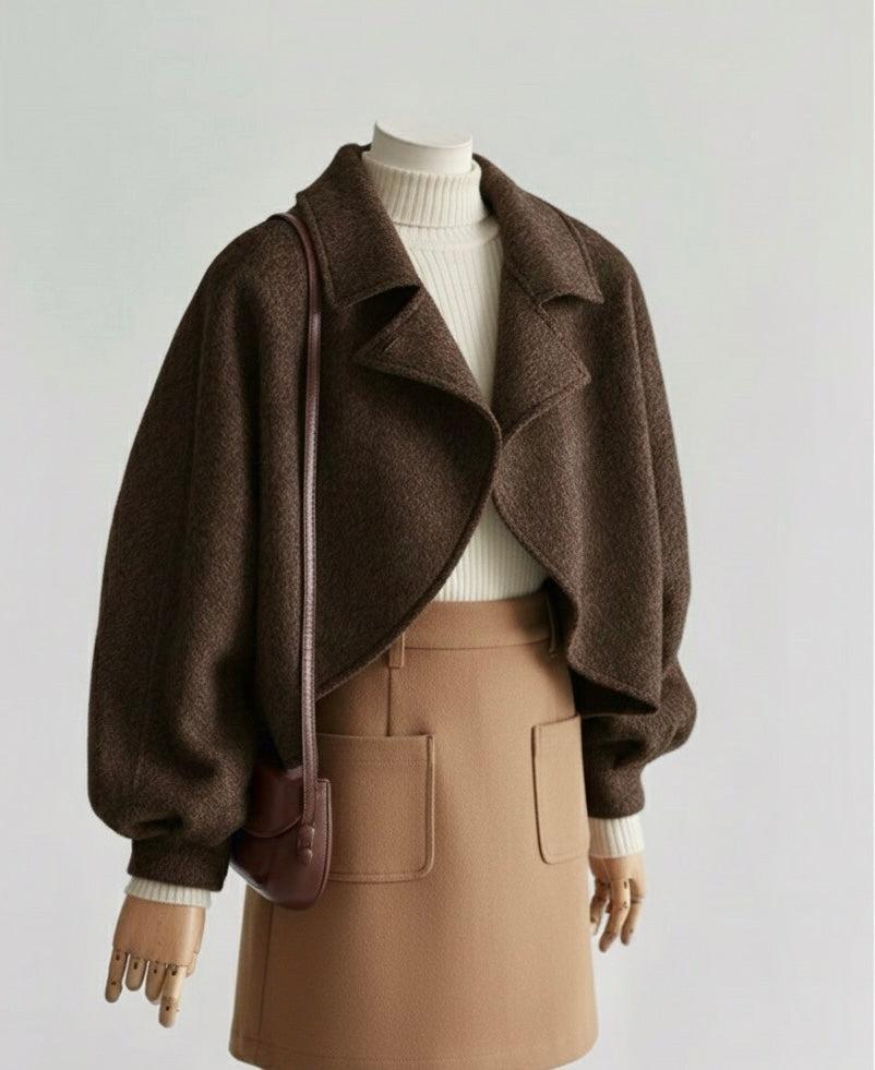 Floral Short Ruffle Wool Jacket - Brown