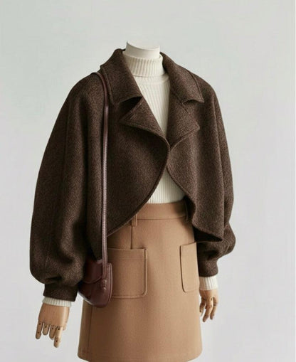 Floral Short Ruffle Wool Jacket - Brown