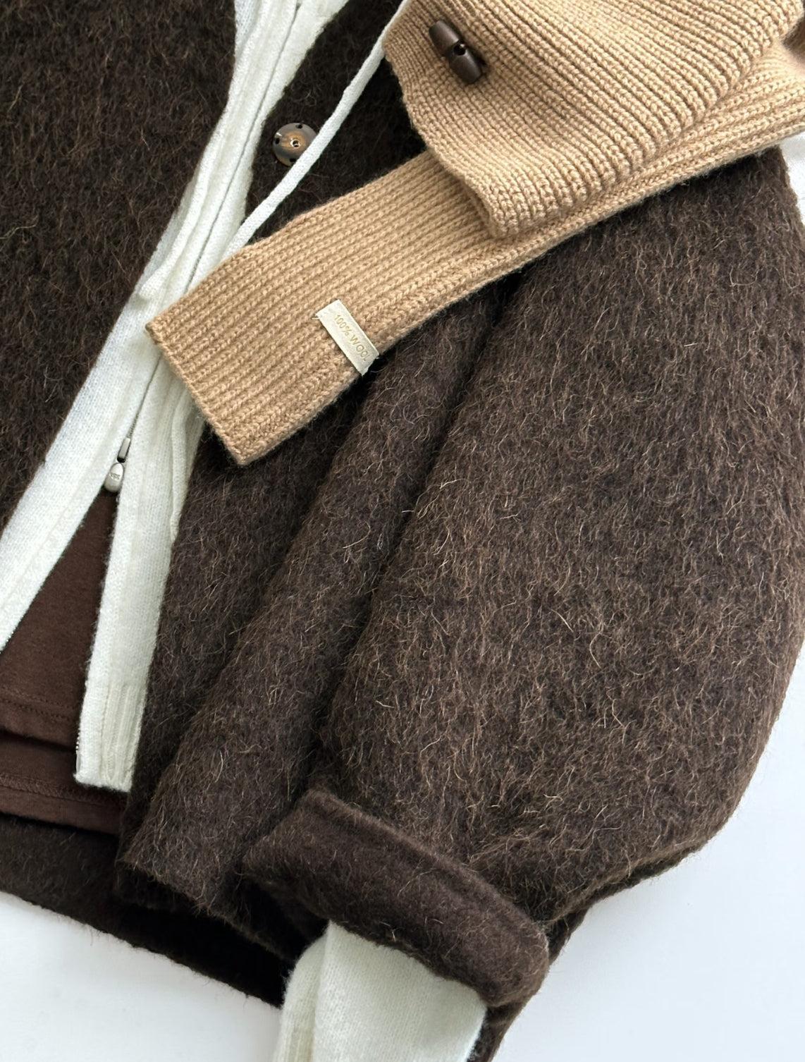 Floral Short Ruffle Wool Jacket - Brown