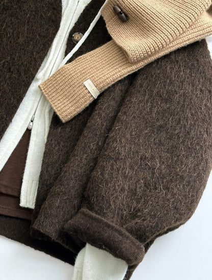 Floral Short Ruffle Wool Jacket - Brown