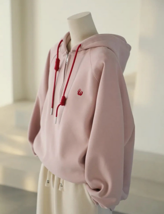 Pink Half-zip Two-tone Embroidered  Hooded Sweatshirt