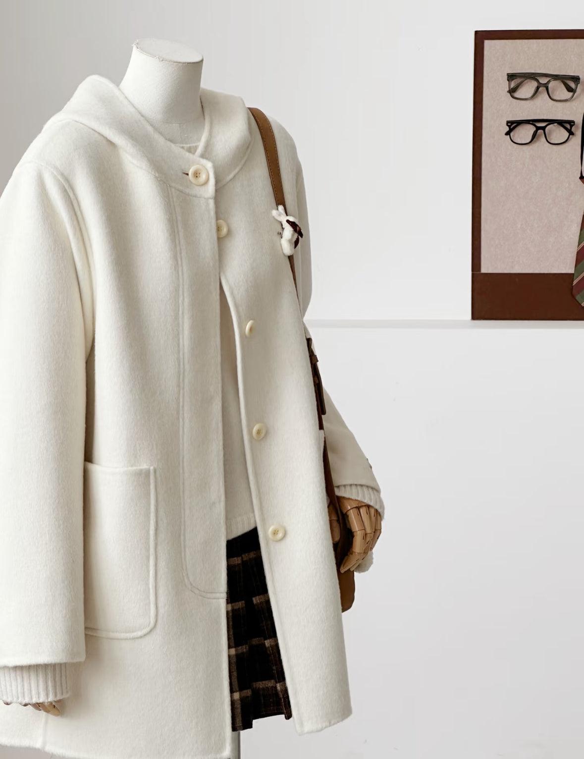 Sera Mid-Length Wool Hooded Jacket - White