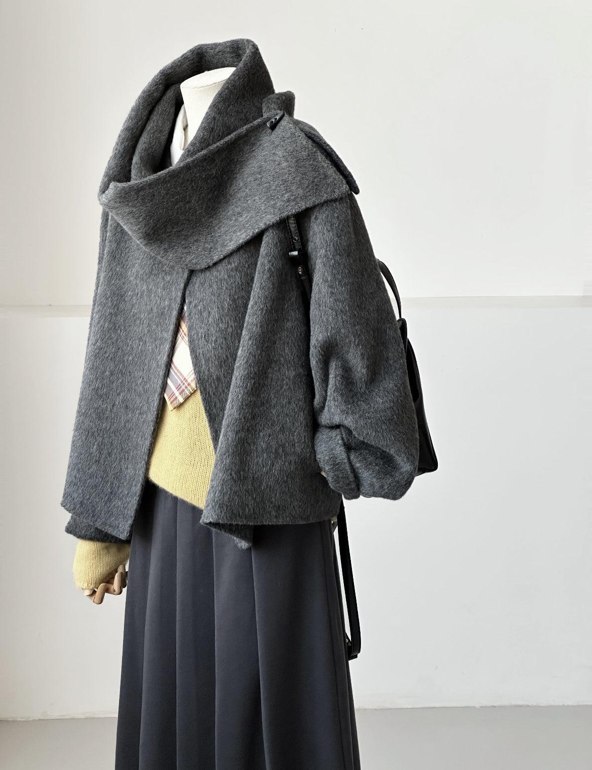 4 Colors - Vela Short Loose Cardigan Wool Coat with Scarf