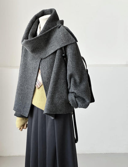 4 Colors - Vela Short Loose Cardigan Wool Coat with Scarf