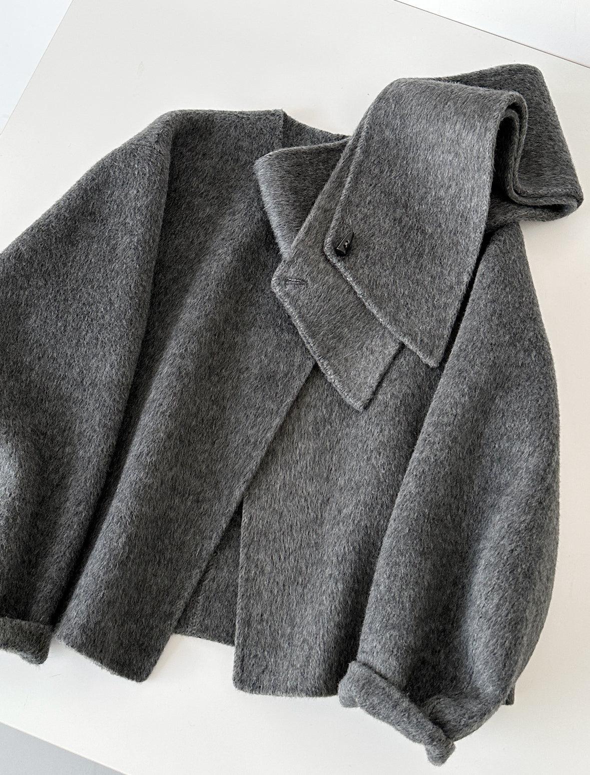 4 Colors - Vela Short Loose Cardigan Wool Coat with Scarf