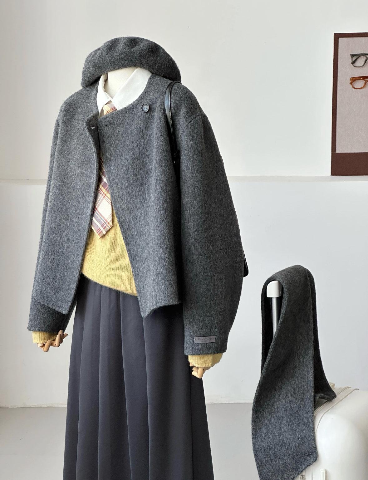 4 Colors - Vela Short Loose Cardigan Wool Coat with Scarf