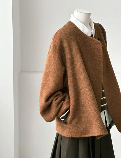 Vela Minimalist Wool Coat with Scarf - Chestnut