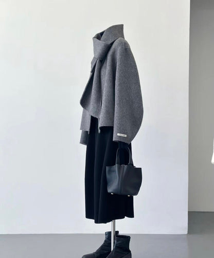 Loose Collarless Gray Wool Coat with Scarf