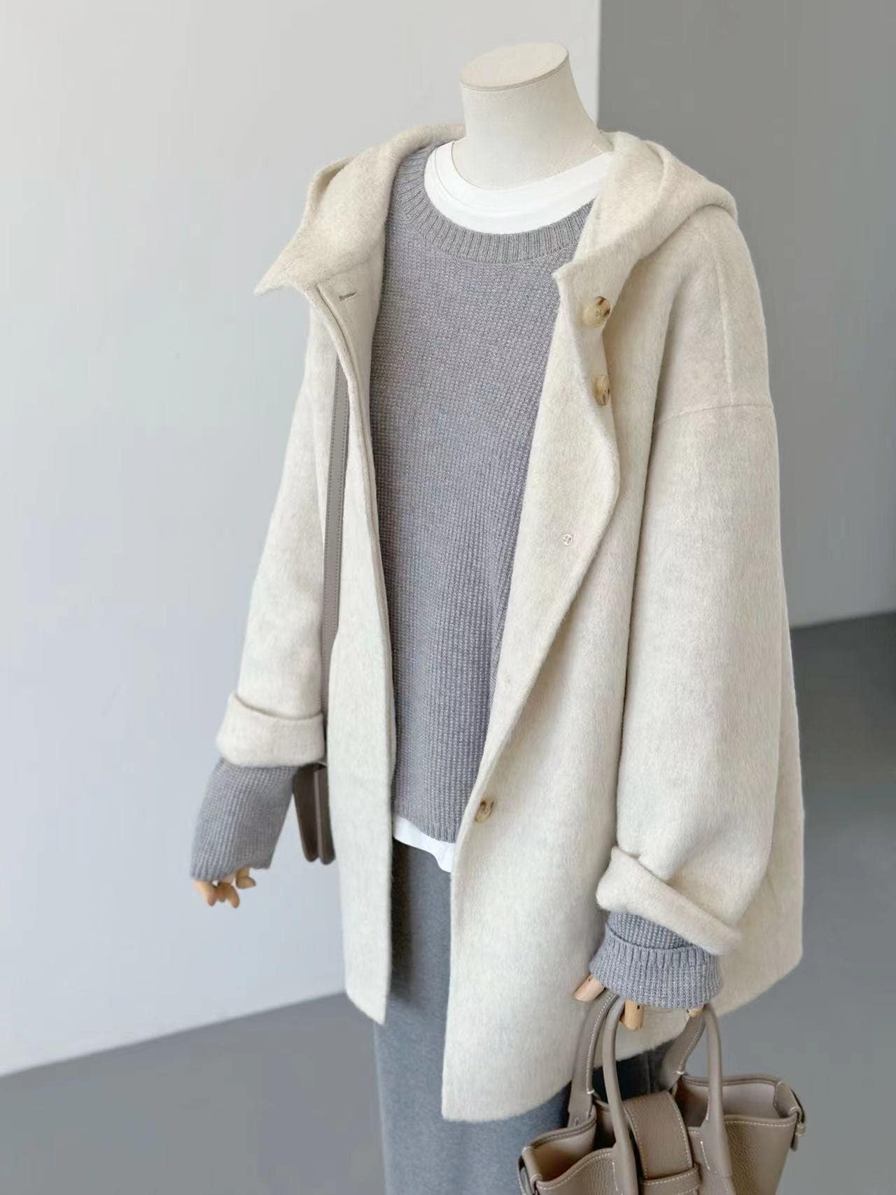 More Colors! Women Ivory Hooded Wool Coat