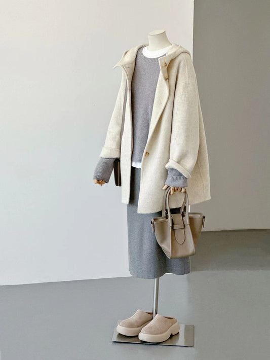 More Colors! Women Ivory Hooded Wool Coat