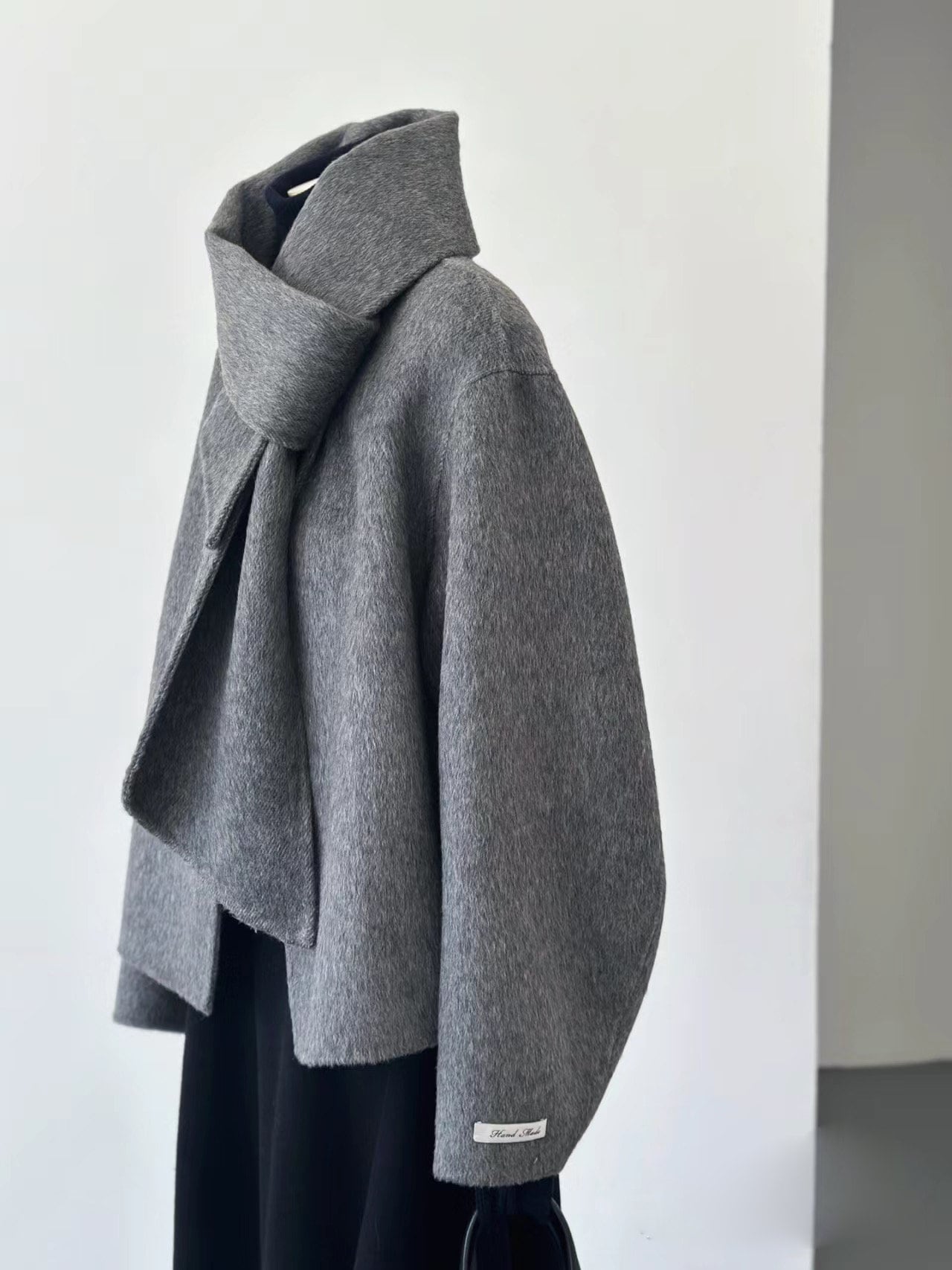 Loose Collarless Gray Wool Coat with Scarf