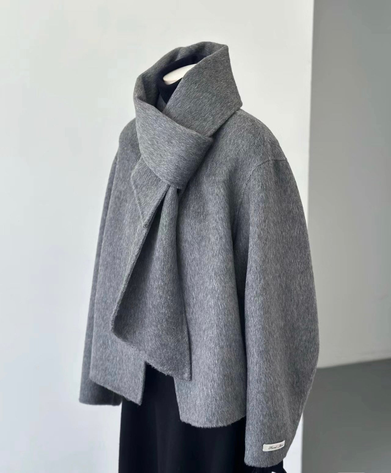 Loose Collarless Gray Wool Coat with Scarf