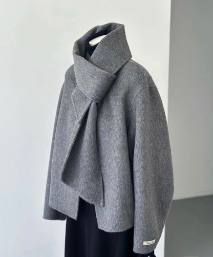Loose Collarless Gray Wool Coat with Scarf