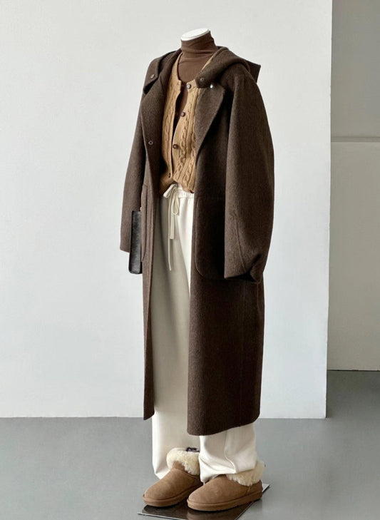 Women Double-Sided Brown Long Hooded Wool Coat