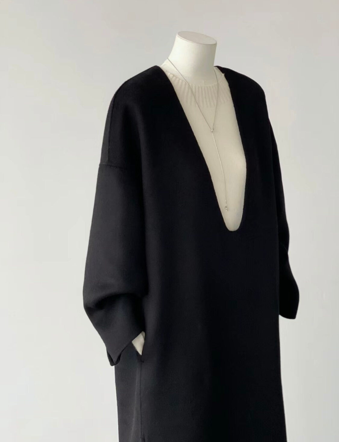 Soul Minimalist V-neck Wool Coat / Dress - Black