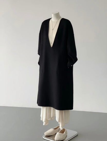 Soul Minimalist V-neck Wool Coat / Dress - Black