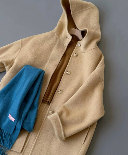 Premium Double Faced Light Yellow Hooded Wool Coat