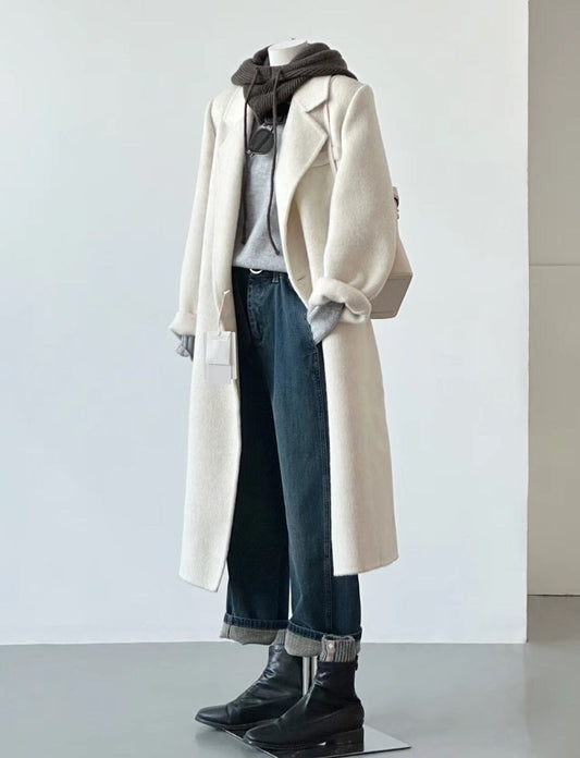 Women White Long Wool Coat