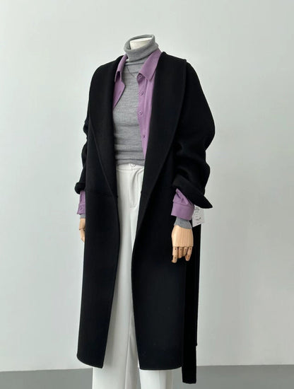 Women Double-Sided Black Long Wool Coat