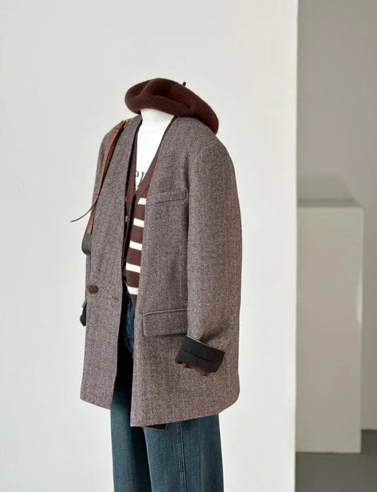 Women's Collarless Wool Overcoat with Cotton Lining
