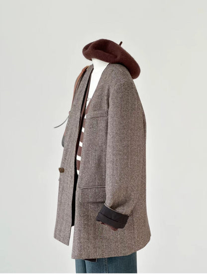 Women's Collarless Wool Overcoat with Cotton Lining