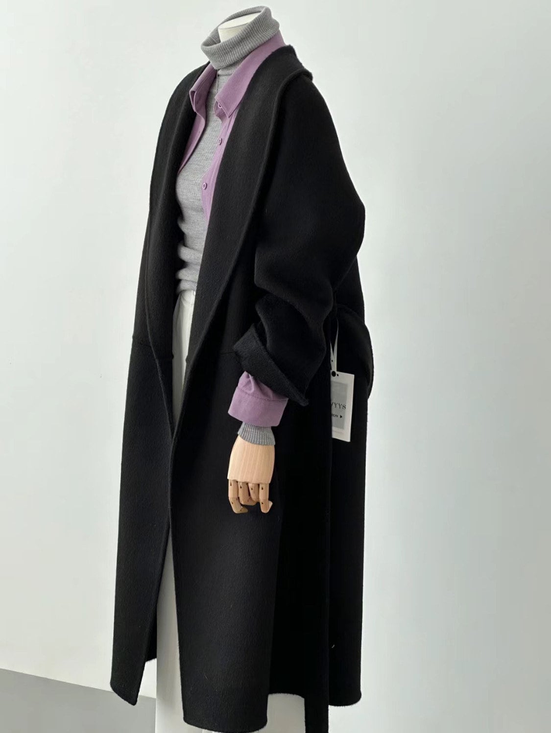 Women Double-Sided Black Long Wool Coat