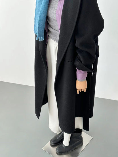 Women Double-Sided Black Long Wool Coat