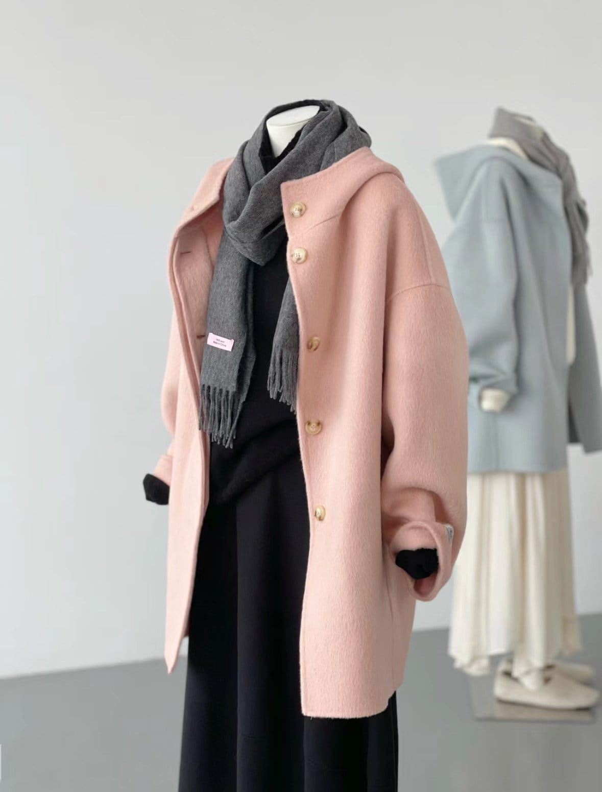 Women Pink Wool Hooded Coat
