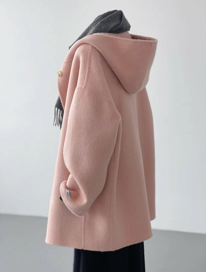 Women Pink Wool Hooded Coat