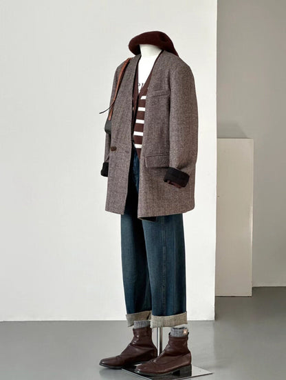 Women's Collarless Wool Overcoat with Cotton Lining